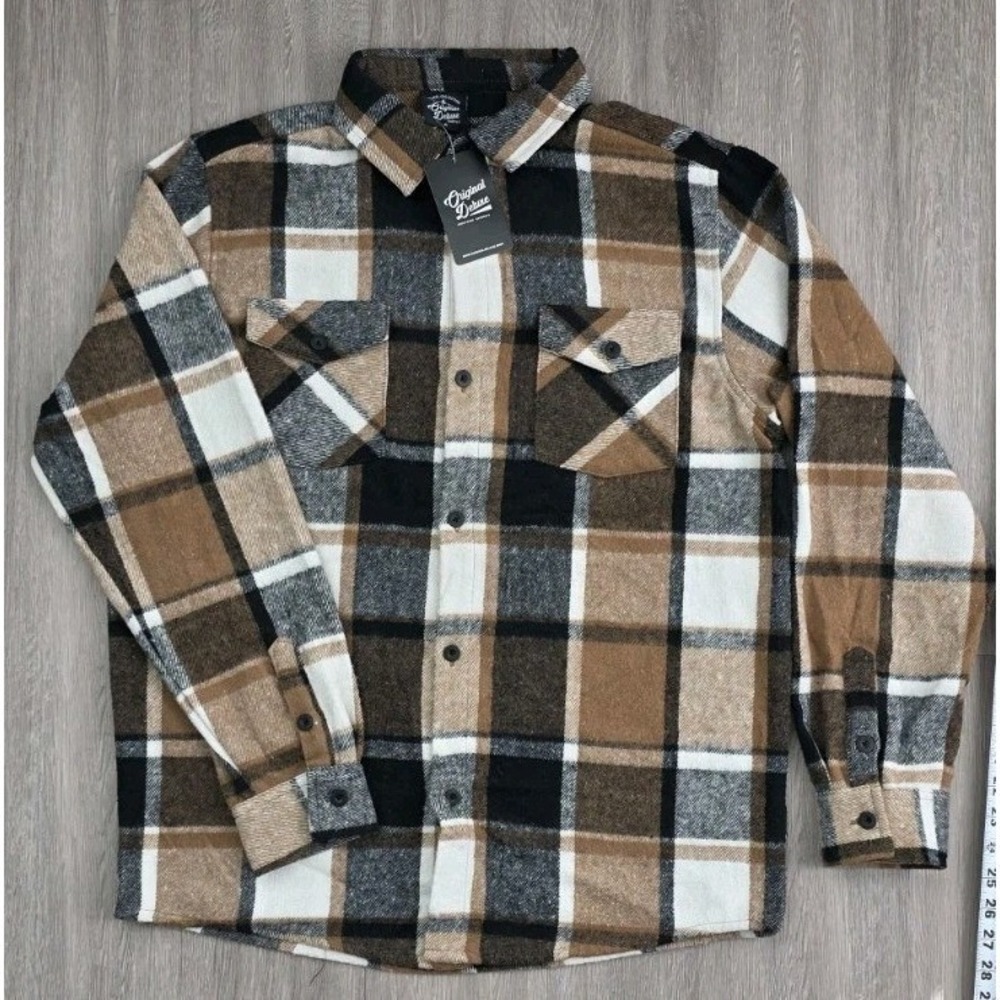 Original Deluxe Mens Plaid Flannel Shirt Brown Black White HK82648 Small NWT